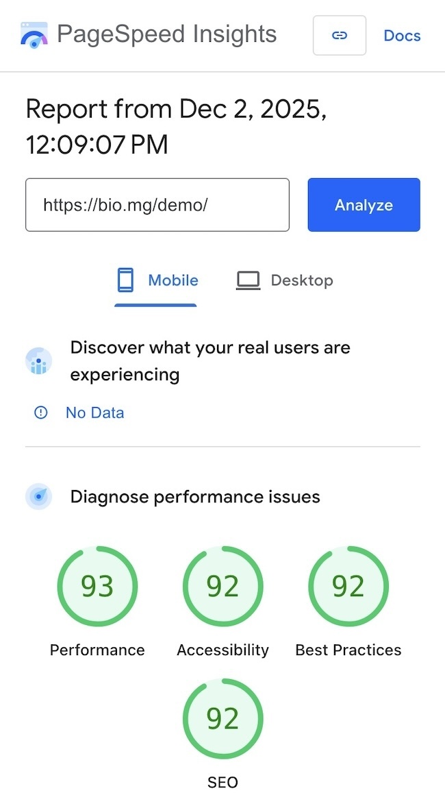 Bio often scores nearly perfect in the Google website tester, Pagespeed Insights